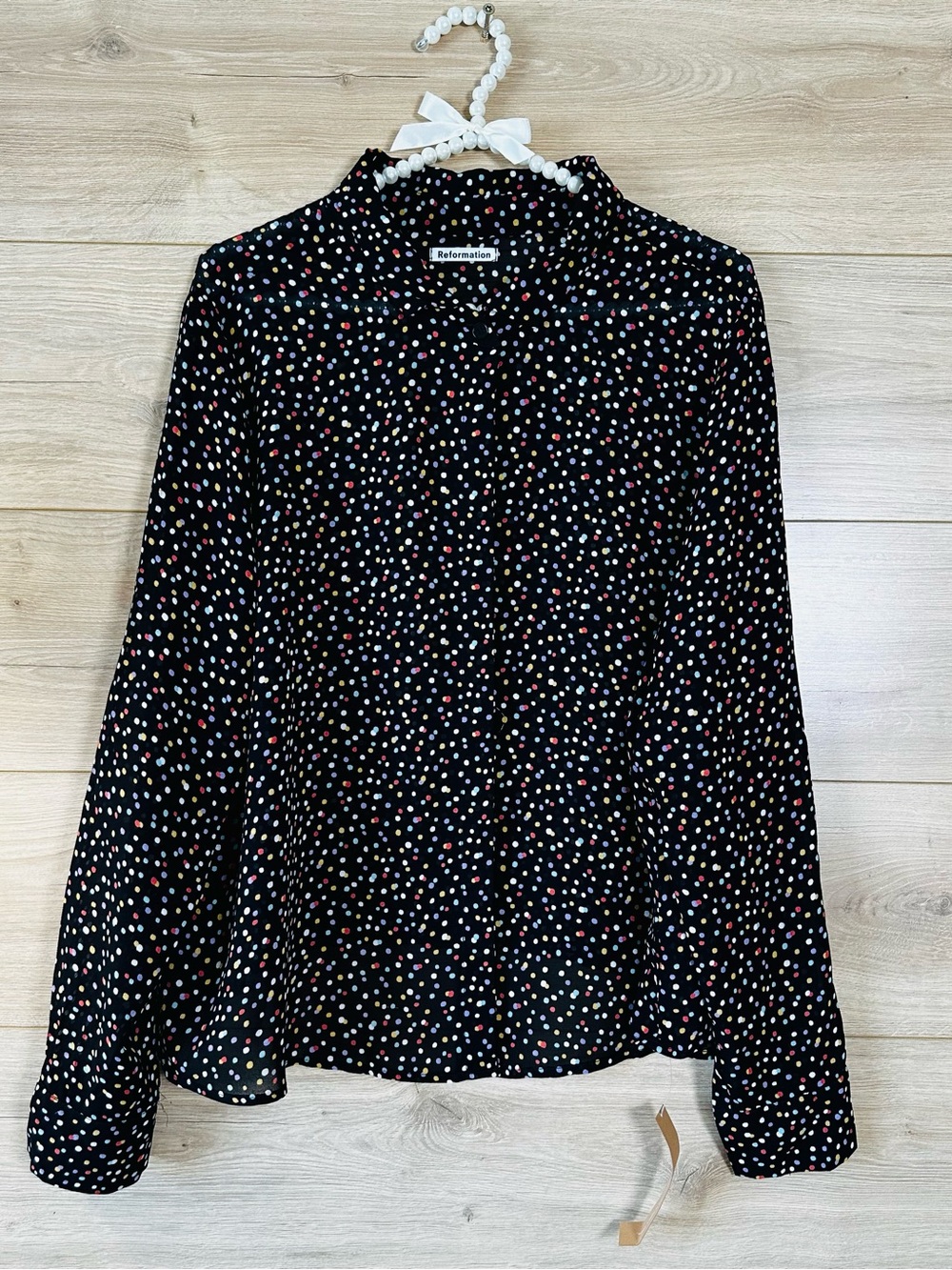 Reformation Black Dot-Print Long Sleeve Blouse
